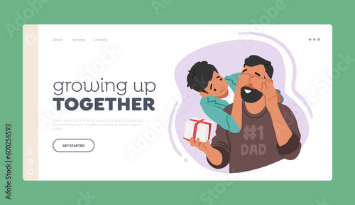 Loving Family Landing Page Template. Son Surprises Dad, Closes Eyes, And Gives Gift for Fathers Day or Birthday