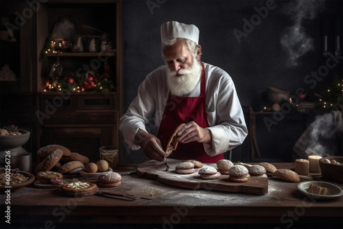 Santa Claus is baking bread and buns on Christmas Eve in his kitchen. Holiday and New Year concept. Generative AI