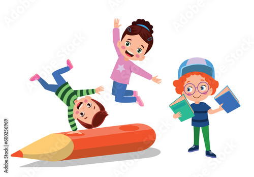 Children playing with a pencil and a girl reading a book.