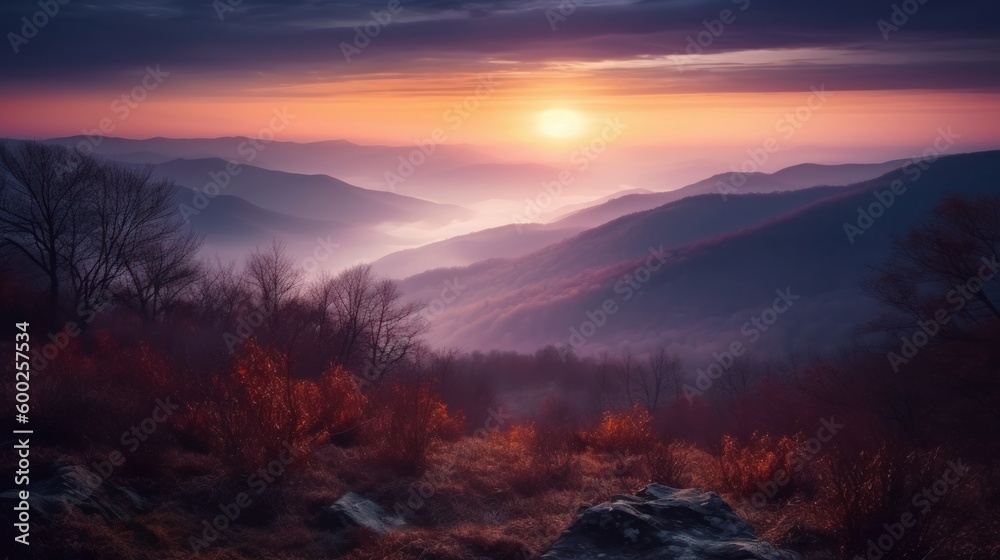 Fototapeta premium Purple sunrise over mountains AI generated