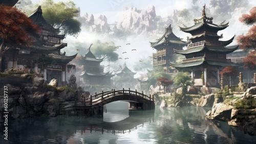 Oriental traditional architecture conceptual illustration. Village with pagoda temple in the mountains. Generative AI.
