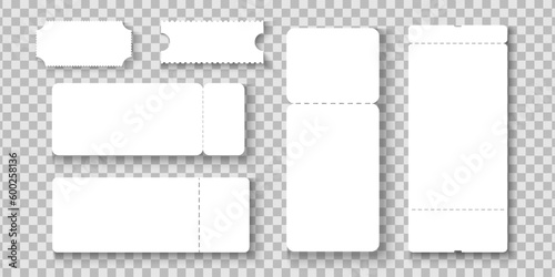 Set of empty ticket or lottery mockups. Blank paper entry tickets for airplane, concert, cinema, museum, festival, theater, exhibition isolated on transparent background. Vector realistic illustration