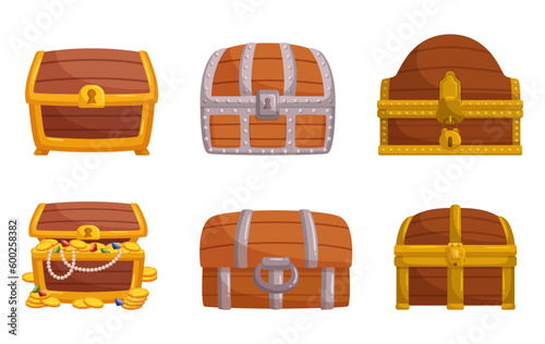 Wooden Treasure Chests Set. Trunks Handcrafted From Quality Timber, Varying In Size, Style, And Design