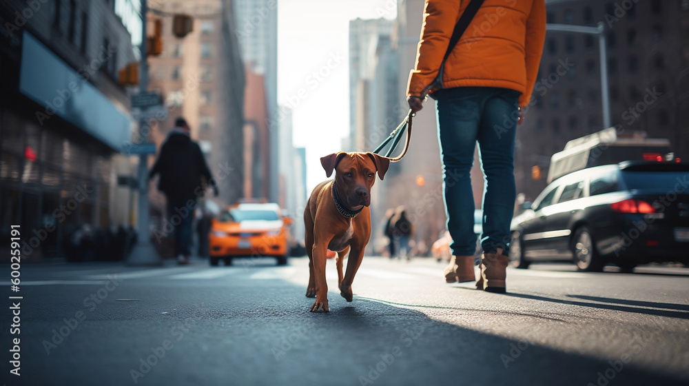 Person Walking Their Dog Through Busy Urban Street on Leash. Generative AI. Person Walking Their Dog Through Busy Urban Street on Leash. Generative AI.