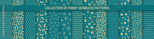 Collection of vector seamless blue vintage patterns. Creative unusual fabric funky prints. Repeatable mosaic retro backgrounds