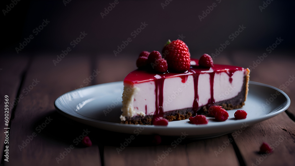 Chocolate cake with raspberry, plate with delicious raspberry cheesecake on a wooden background - obrazy, fototapety, plakaty 