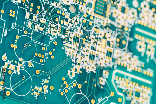 Close-up electronic circuit board technology style concept