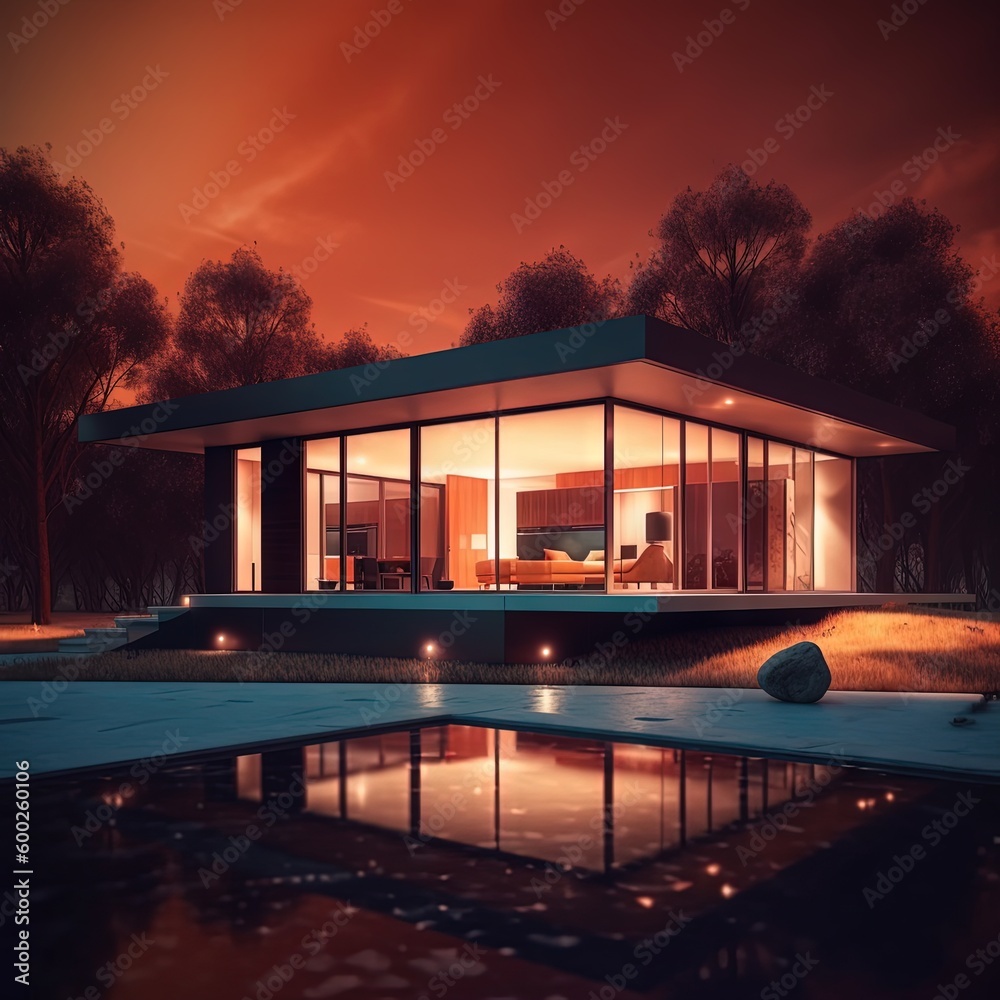 hyper realistic photo of a high end futuristic single-level house where walls are made of windows, light coming through the window, mid century modern style, cinematic lighting hyper realistic photo of a high end futuristic single-level house where walls are made of windows, light coming through the window, mid century modern style, cinematic lighting
