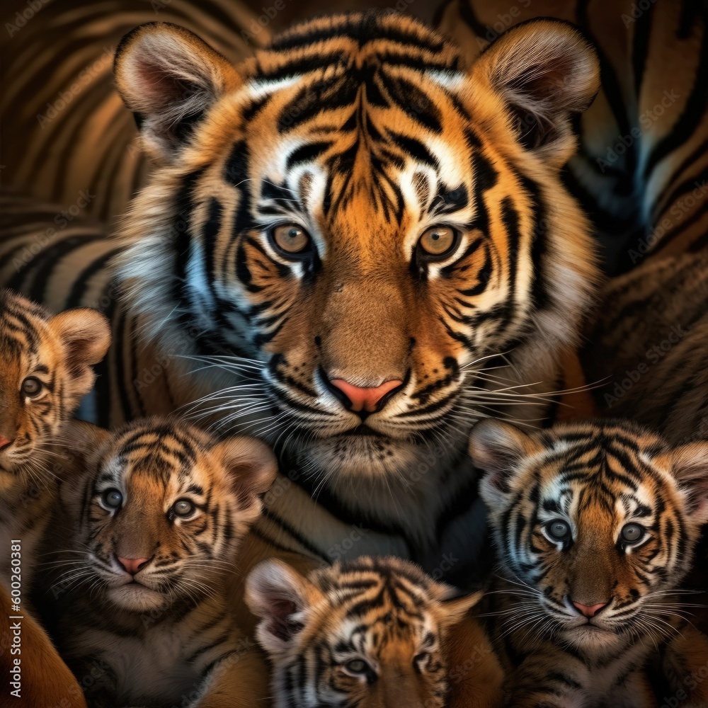 Fototapeta premium A closeup of a cute group of tiger, highly tiger, a bunch of tiger, clan of tiger, a stack of tiger, a heap of tiger, posteresque, higly collored, stunning, catchlight, super cute