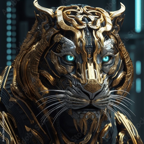 octane render of cyberpunk tiger  chrome silk with intricate ornate weaved golden filiegree  dark mysterious background