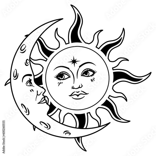 sun and moon vintage design. Vector outline illustration.