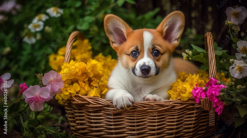 Welsh Corgi Puppy in a Basket of Flowers