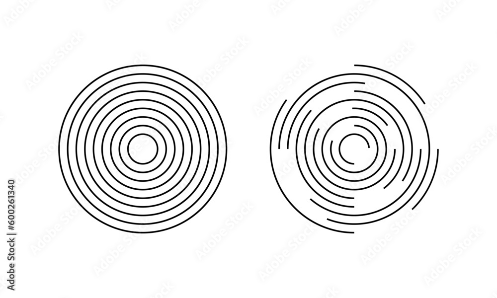 Set of circular ripple icons. Concentric circles with whole and broken lines isolated on white background. Vortex, sonar wave, sound wave, sunburst, signal signs Set of circular ripple icons. Concentric circles with whole and broken lines isolated on white background. Vortex, sonar wave, sound wave, sunburst, signal signs