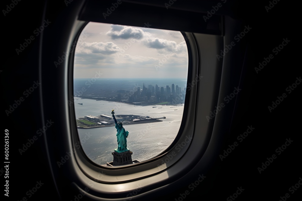 view from airplane window NYC statue of liberty 