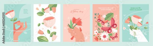 Set of natural and floral vector illustrations for beauty and fashion, greeting card, invitation card for wedding, web and social media banner, brochure cover, marketing material.