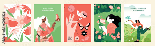 Set of natural and floral vector illustrations for beauty and fashion, greeting card, invitation card for wedding, web and social media banner, brochure cover, marketing material.