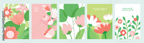 Set of natural and floral vector illustrations for beauty and fashion, greeting card, invitation card for wedding, web and social media banner, brochure cover, marketing material.
