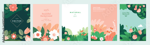 Set of natural and floral vector illustrations for beauty and fashion, greeting card, invitation card for wedding, web and social media banner, brochure cover, marketing material.