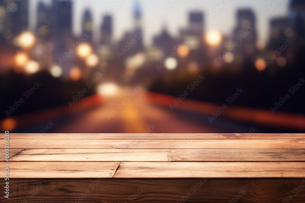 urban blurred background with bokeh and empty wooden table in the foreground