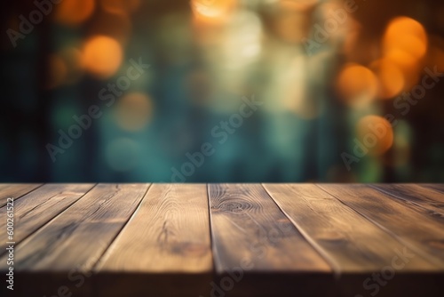 festive blurred background with bokeh and empty wooden table in the foreground -Ai © Master-L