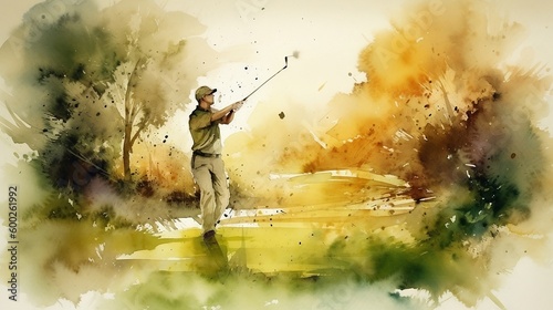 man playing golf, watercolor