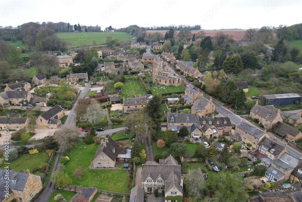 Bourton on the Hill Cotswold village UK drone aerial view