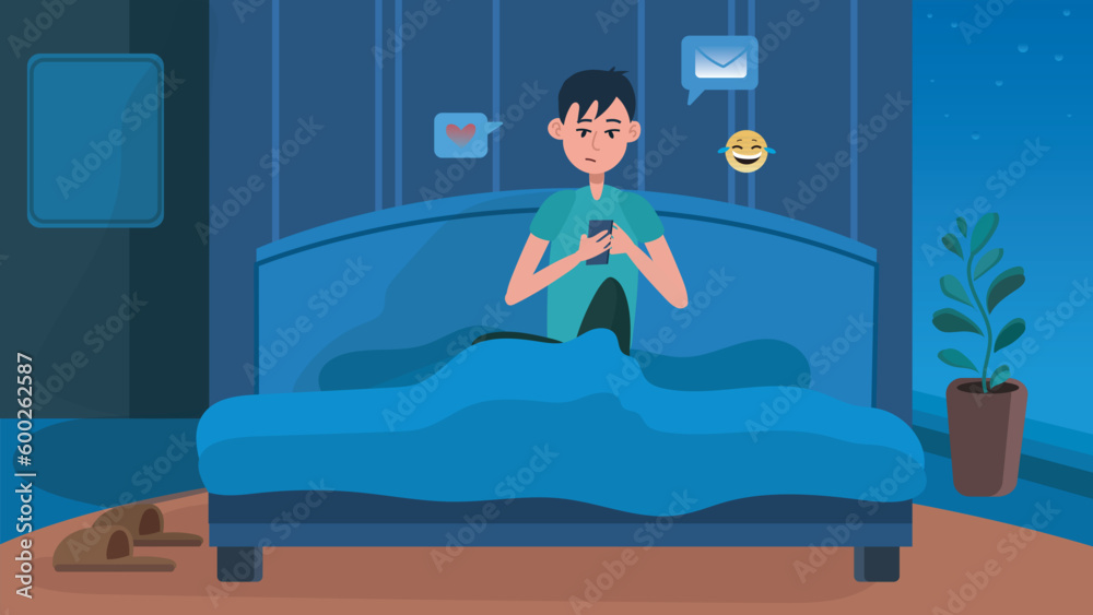 Male with telephone in her bed and texting something on the phone. Male in dark bedroom at night chatting on the phone with emoji icons around her.