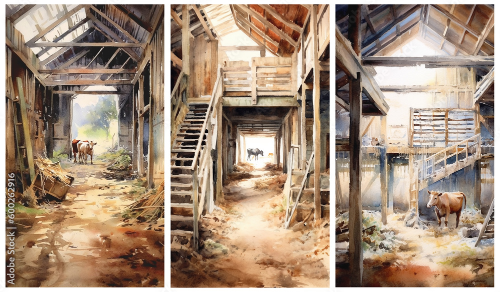 Set of watercolour illustrations of a rustic vintage barn interior with livestock. Greeting cards and envelopes artwork.