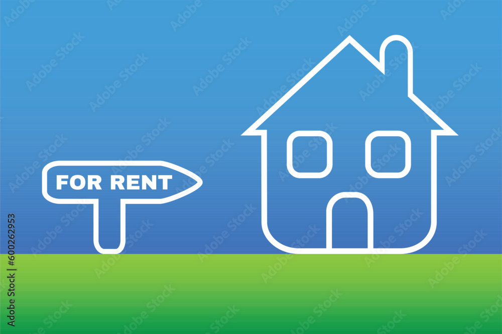 Conceptual illustration related with the sale of home. New white house and for sale text.