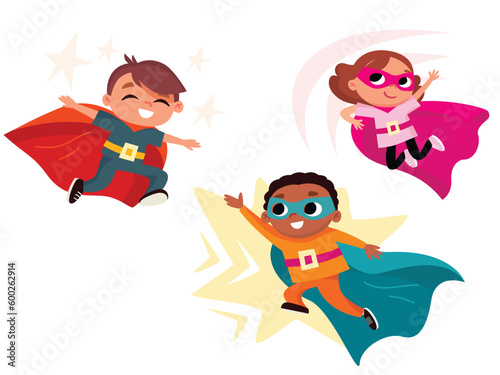 Superhero kids. Happy active children with comics costumes.