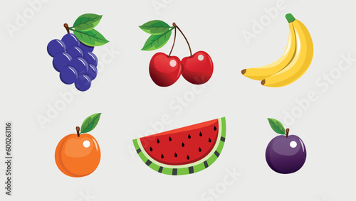 Illustration of fresh fruit, Grape, banana, watermelon, apricot, plum, cherry, icon set, Vector illustration.