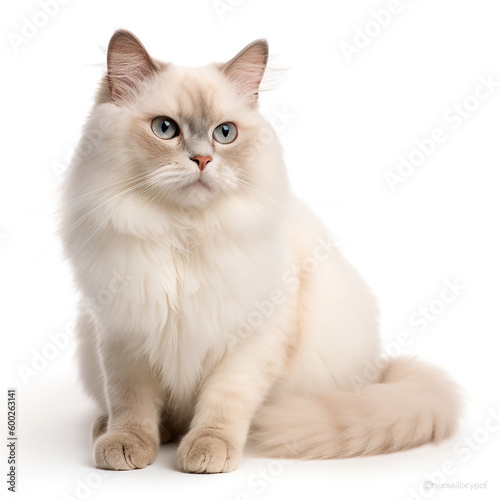 Fluffy cute soft cream furred cat with grey eyes with white plain background 