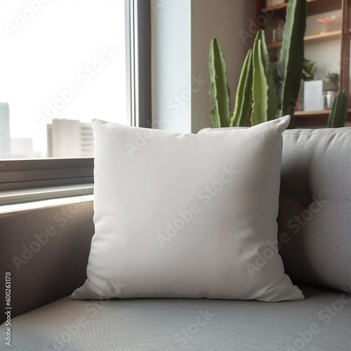 Plain blank white square pillow mock-up with plants interior
