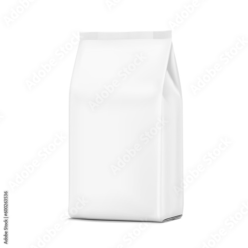 Hyper realistic glossy vertical bag mockup. Half side view. Vector illustration isolated on white background. Can be use for template your design, presentation, promo, ad. EPS10.