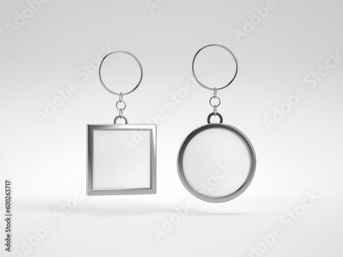 Blank metal square white key chain mockup top view, 3d rendering. Clear silver keychain design mock up isolated. 3d illustration isolated on white background.