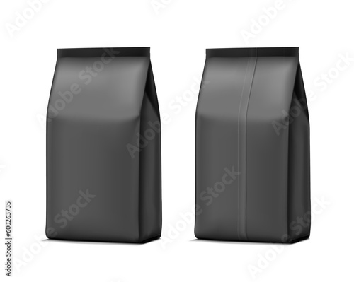 High realistic black vertical stand bag mockup. Vector illustration isolated on white background. Easy to use for presentation your product, idea, promo, design. EPS10.	
