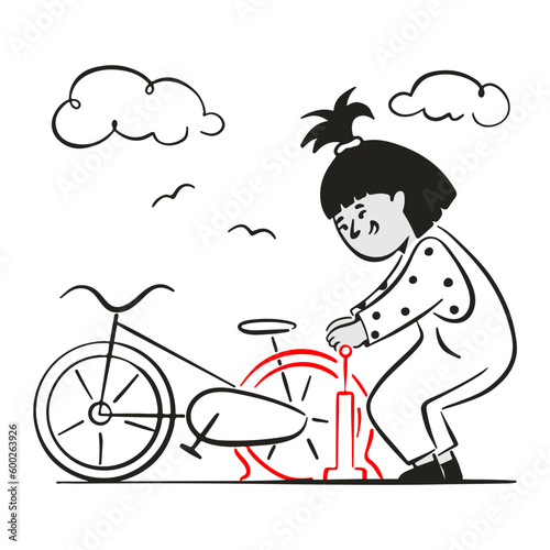 woman using pump filling air in flat tire