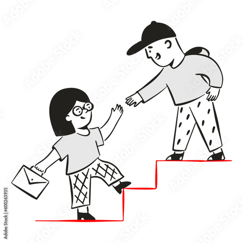 Young man helping woman up stairs