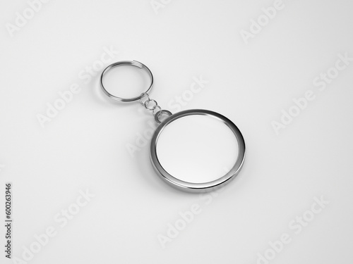 Blank metal square white key chain mockup top view, 3d rendering. Clear silver keychain design mock up isolated. 3d illustration isolated on white background.