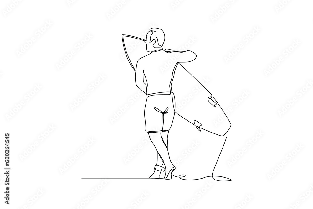 Single one line drawing happy boy playing surf on the beach in summer holiday. Summer beach concept. Continuous line draw design graphic vector illustration.