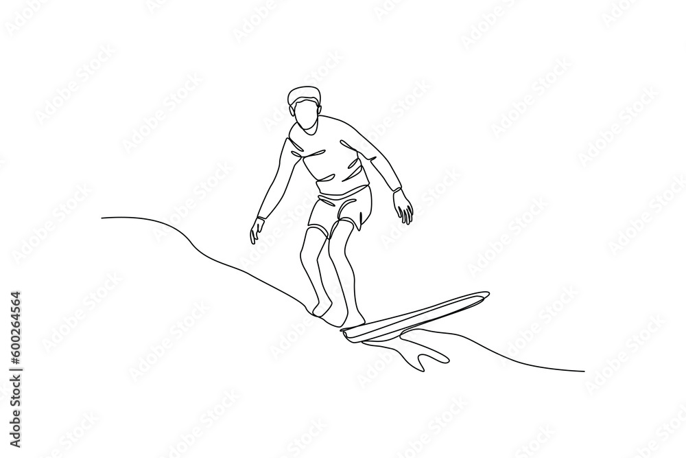 Single one line drawing happy boy with vacation costume and bag. Summer beach concept. Continuous line draw design graphic vector illustration.