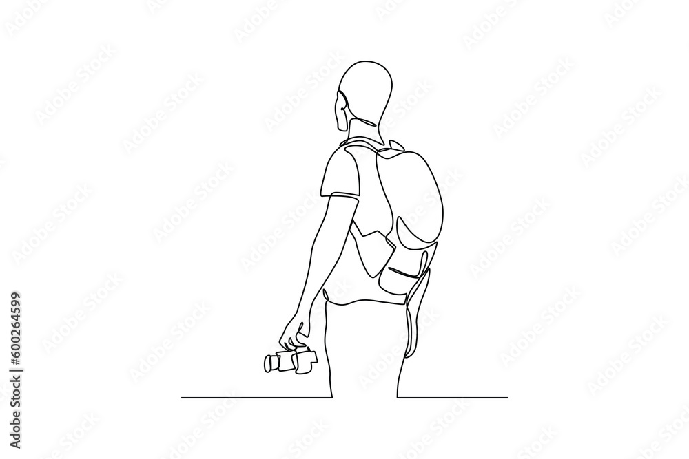 Single one line drawing happy boy with vacation costume and bag. Summer beach concept. Continuous line draw design graphic vector illustration.