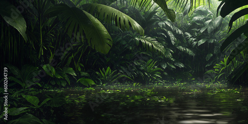Lake in wild jungle. Heavy rain. Dark tropical forest with exotic plants  palm trees  big leaves and ferns. Scary thicket of the rainforest. Streams of water  wet green vegetation. Generative AI