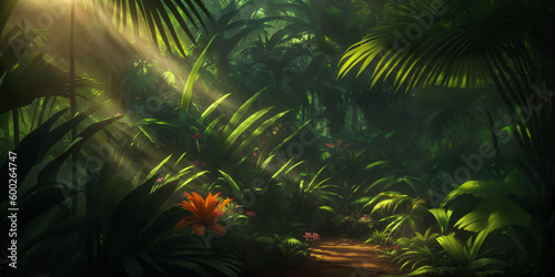 Jungle on a sunny day. Beautiful tropical forest with exotic plants, flowers, palm trees, big leaves and ferns. Thicket of the rainforest. Bright sun, sunbeams through the foliage. Generative AI