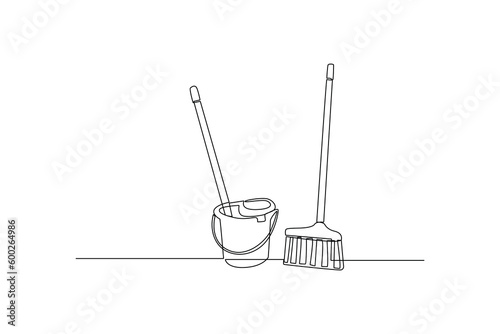 Continuous one line drawing mop equipment. Home appliances concept. Single line draw design vector graphic illustration.