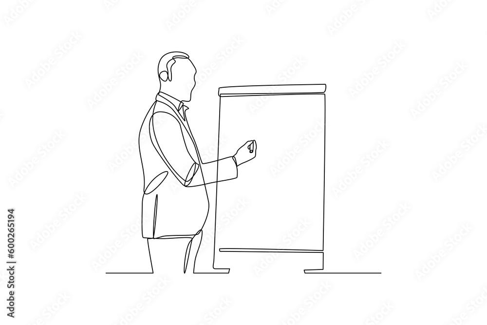 Continuous one line drawing happy businessman presenting in office. Business activities concept. Single line draw design vector graphic illustration.