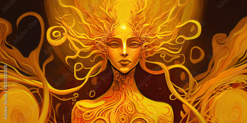 Yellow A divine idol of a mythical woman is enshrined. Abstract, Elegant and Modern AI-generated illustration