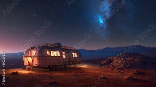 An old camper is parked on a hill at night with the milky in the background. Generative AI.