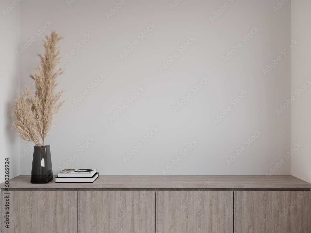 3D rendering  close up empty space of  low cabinet with white lath background