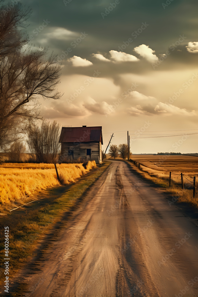 Rural country dirt road, derelict building on horizon. Farmland wheat field farm. Rural country dirt road, derelict building on horizon. Farmland wheat field farm.